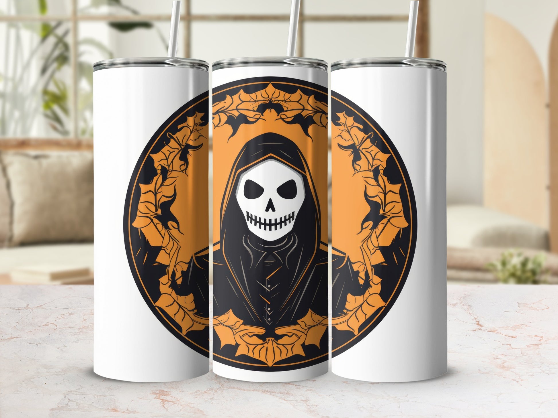 White tumblers with a grim reaper skull graphic inside an orange and black circular design.