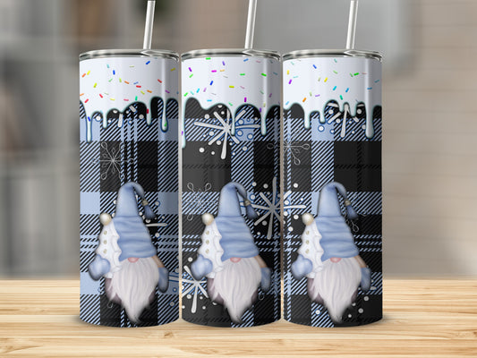 Three blue plaid gnomes with white beards and snowflake designs on tumblers.