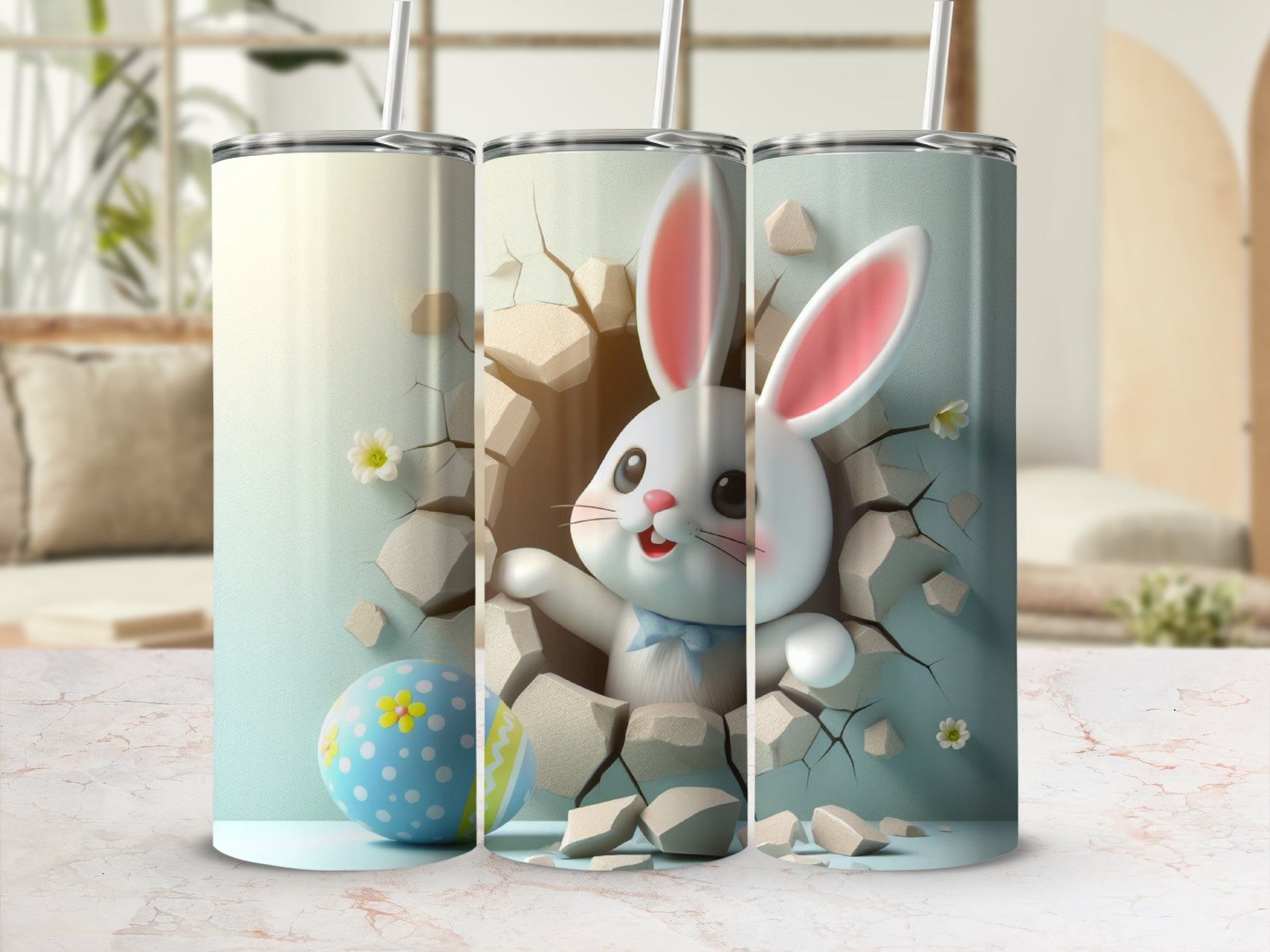 Easter bunny peeking through cracked wall with blue bow tie and egg.