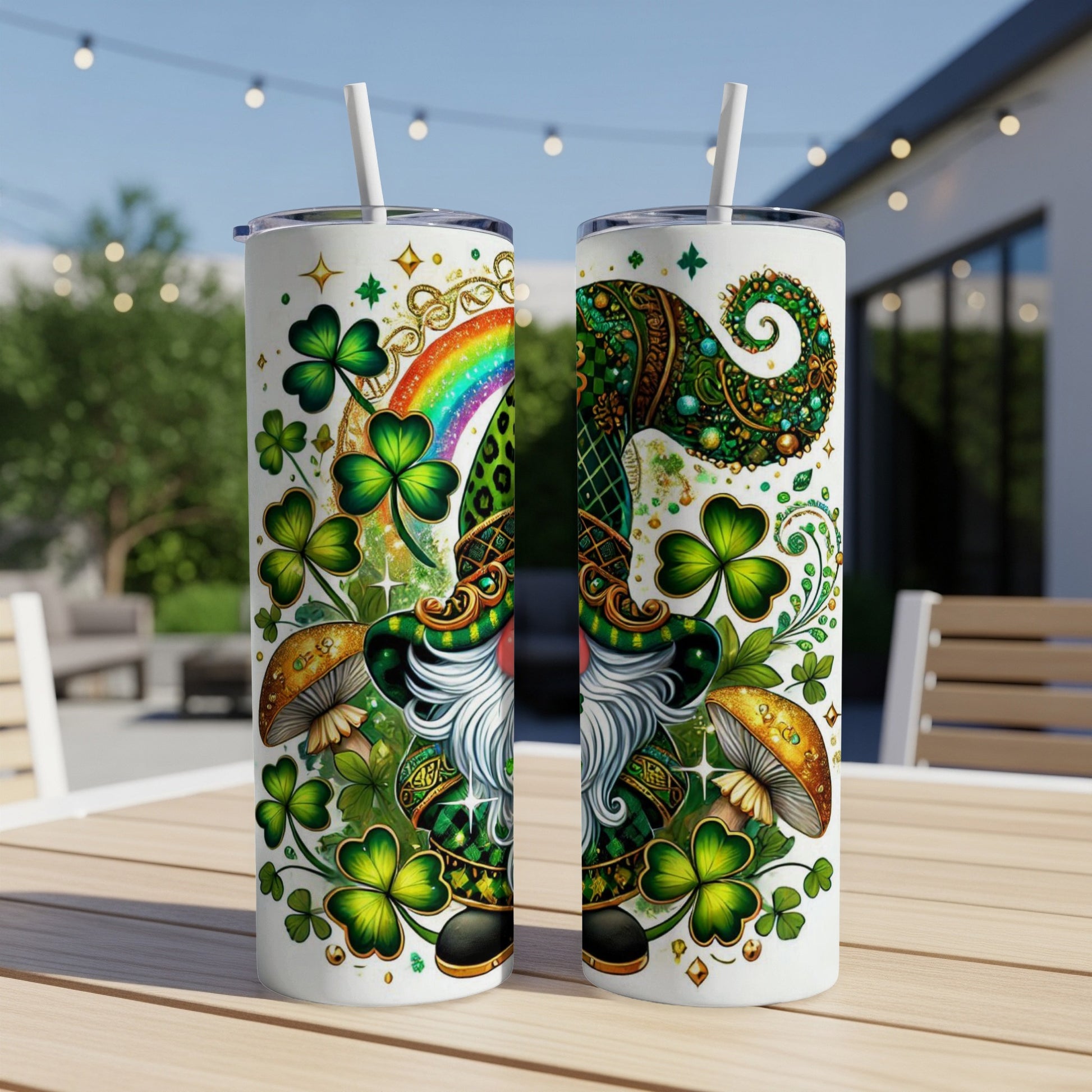 Two Saint Patrick's Day tumblers with a gnome, shamrocks, and rainbow design.
