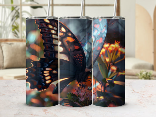 Three tumblers with a close-up butterfly design displayed on a marble surface.