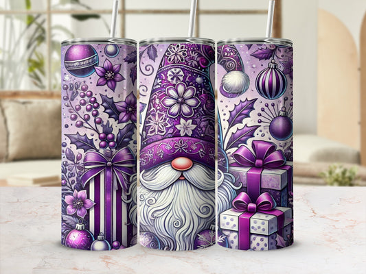 Purple gnome with gifts, ornaments, and floral accents on tumbler.