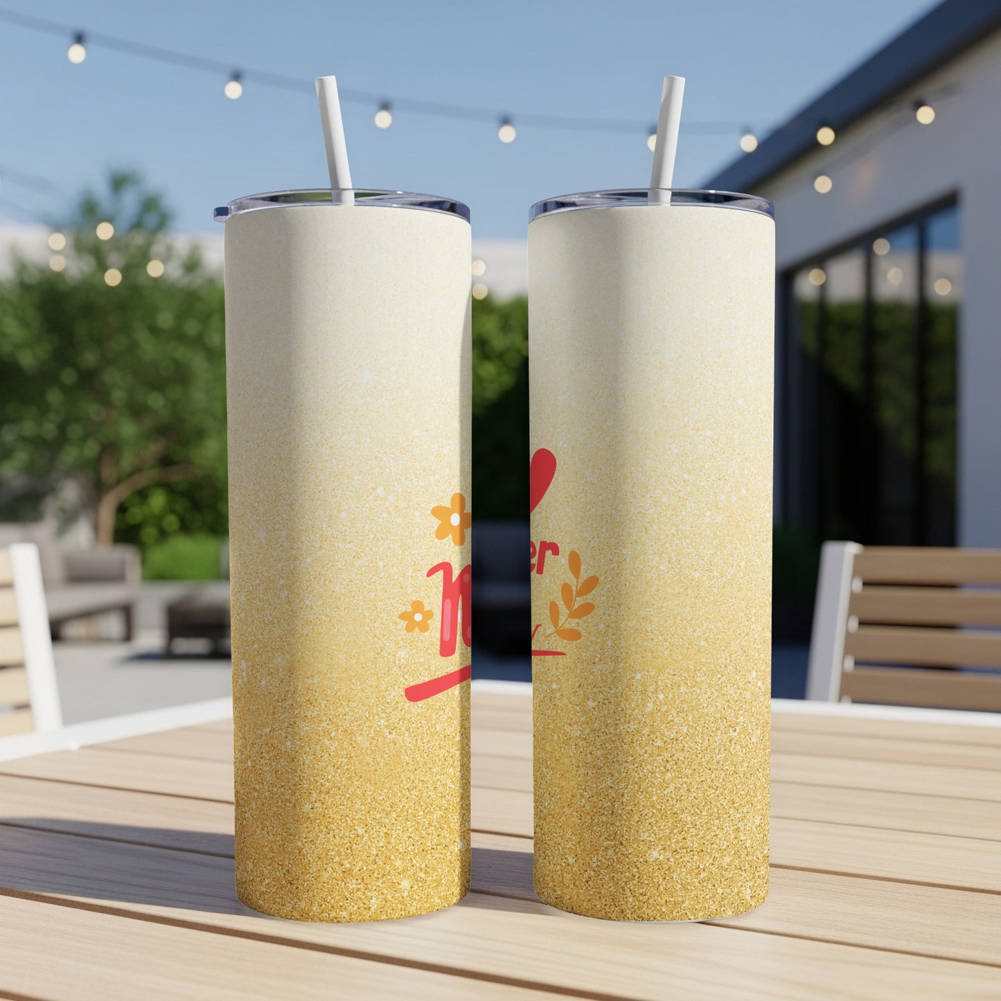 Two tall tumblers with glittery gold and cream ombre design, "Mom" text.
