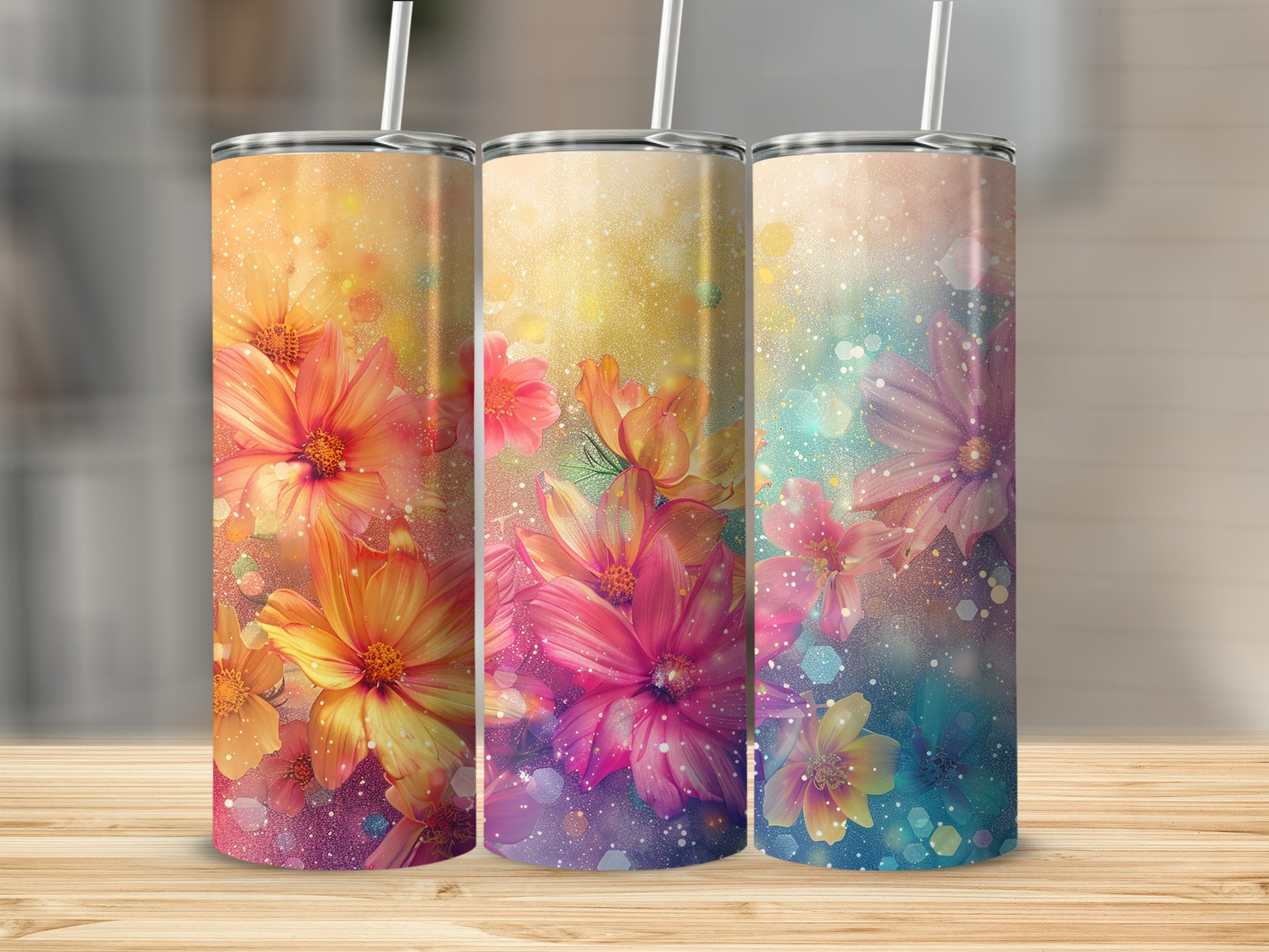 Vibrant Floral Pattern Tumbler with Colorful Blooms