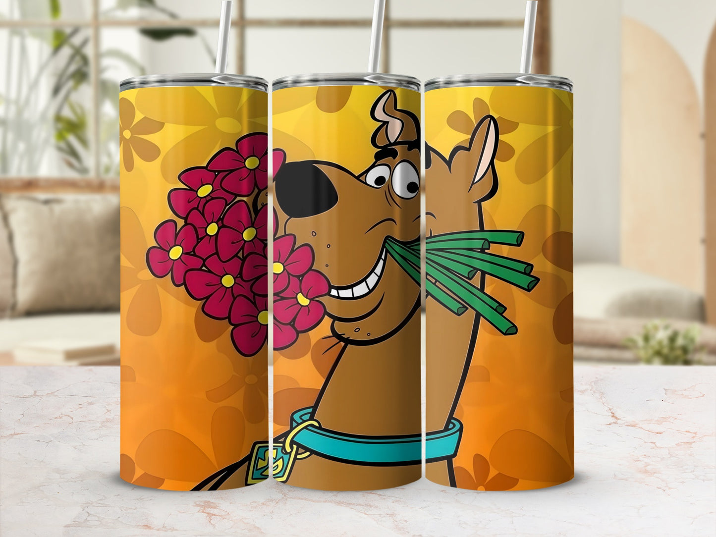 Scooby-Doo holding a bouquet of pink flowers and green grass in his mouth.