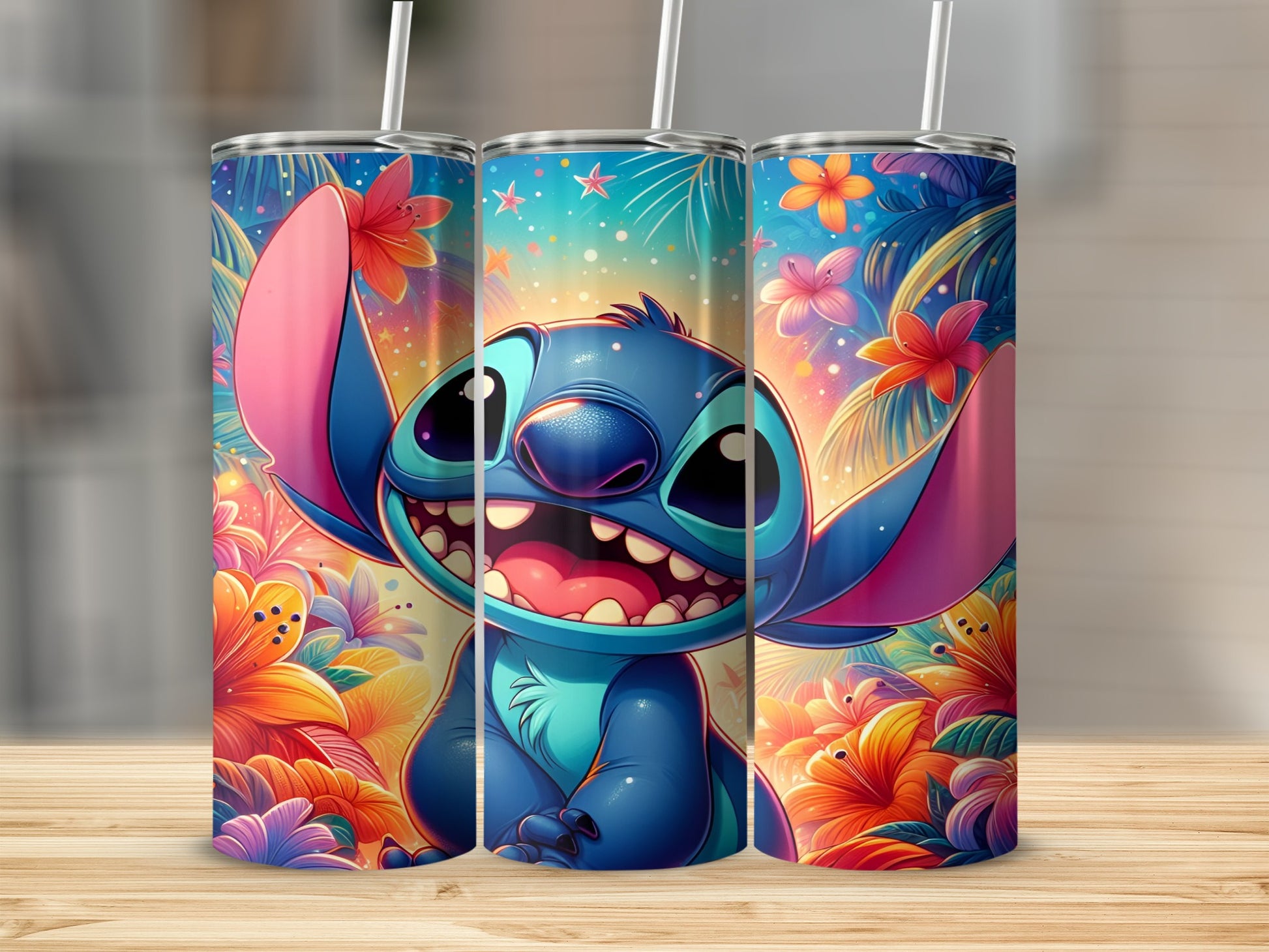 Stitch character on a colorful tropical floral background.