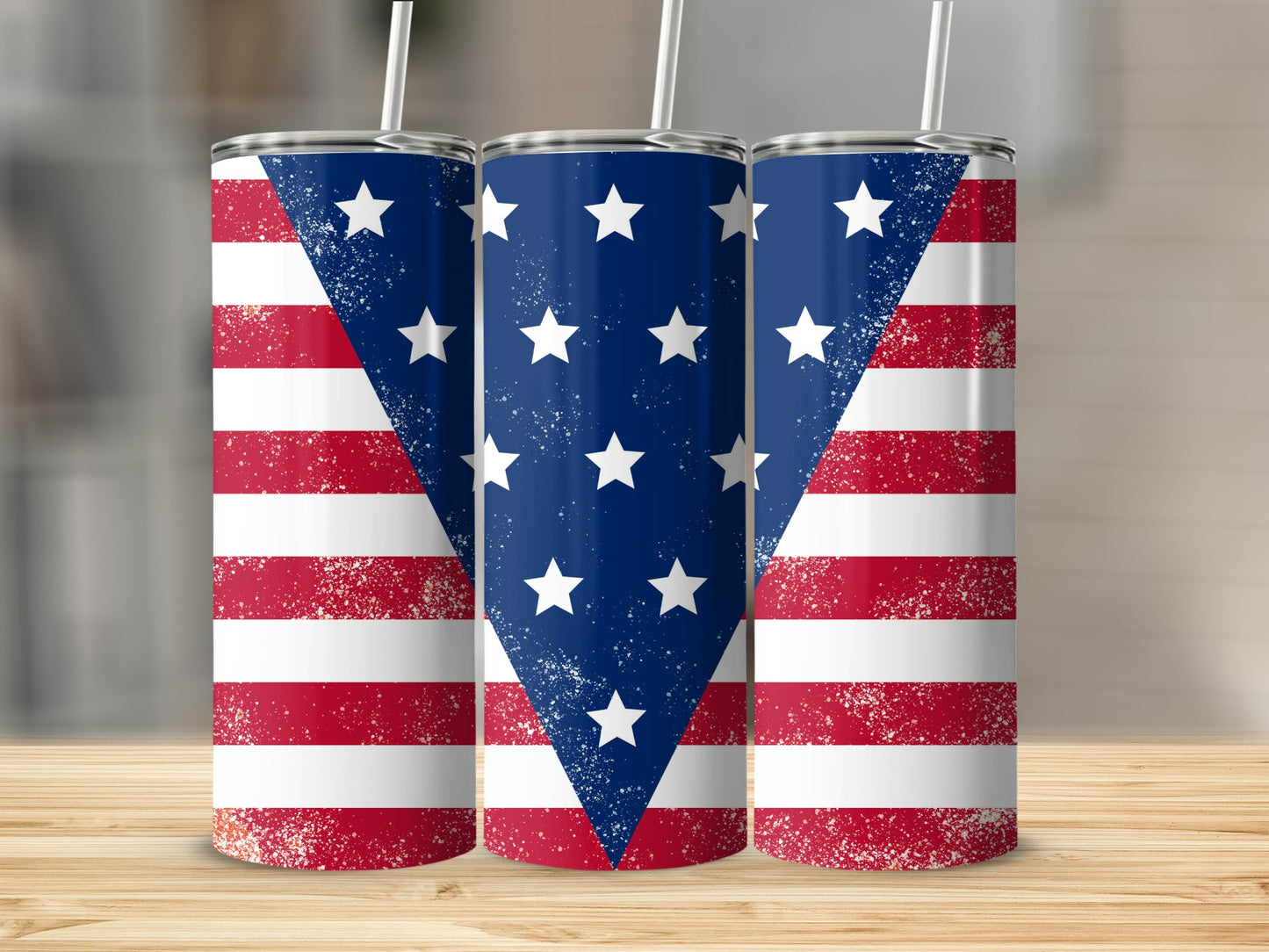 Three tumblers with American flag design, featuring stars and stripes.