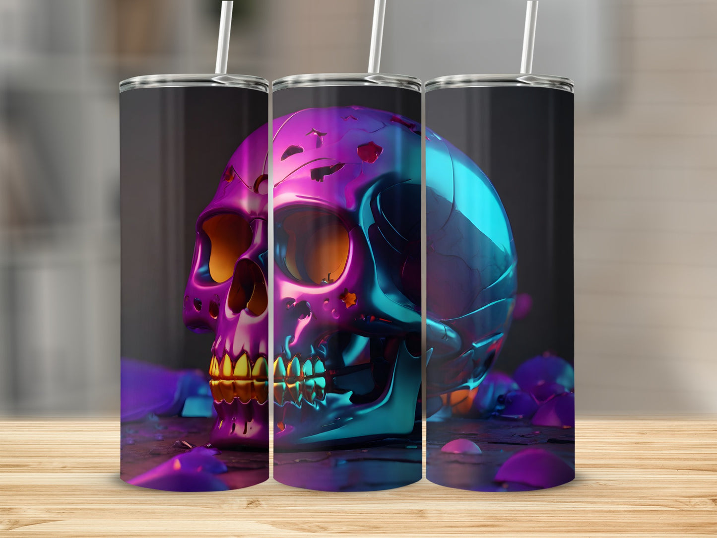 Three tumblers featuring a metallic skull design with purple and teal accents.