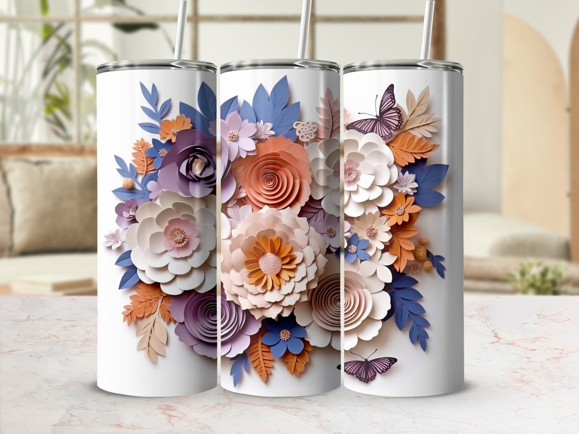 Beautiful White Floral and Butterfly Tumbler Cup