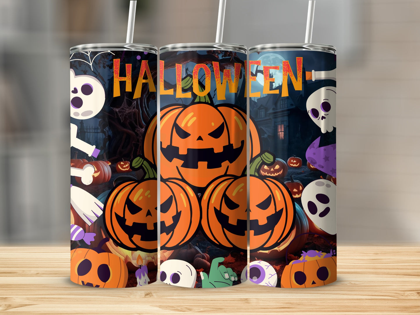 Three tumblers with a Halloween theme featuring jack-o'-lanterns, ghosts, and the word "HALLOWEEN".