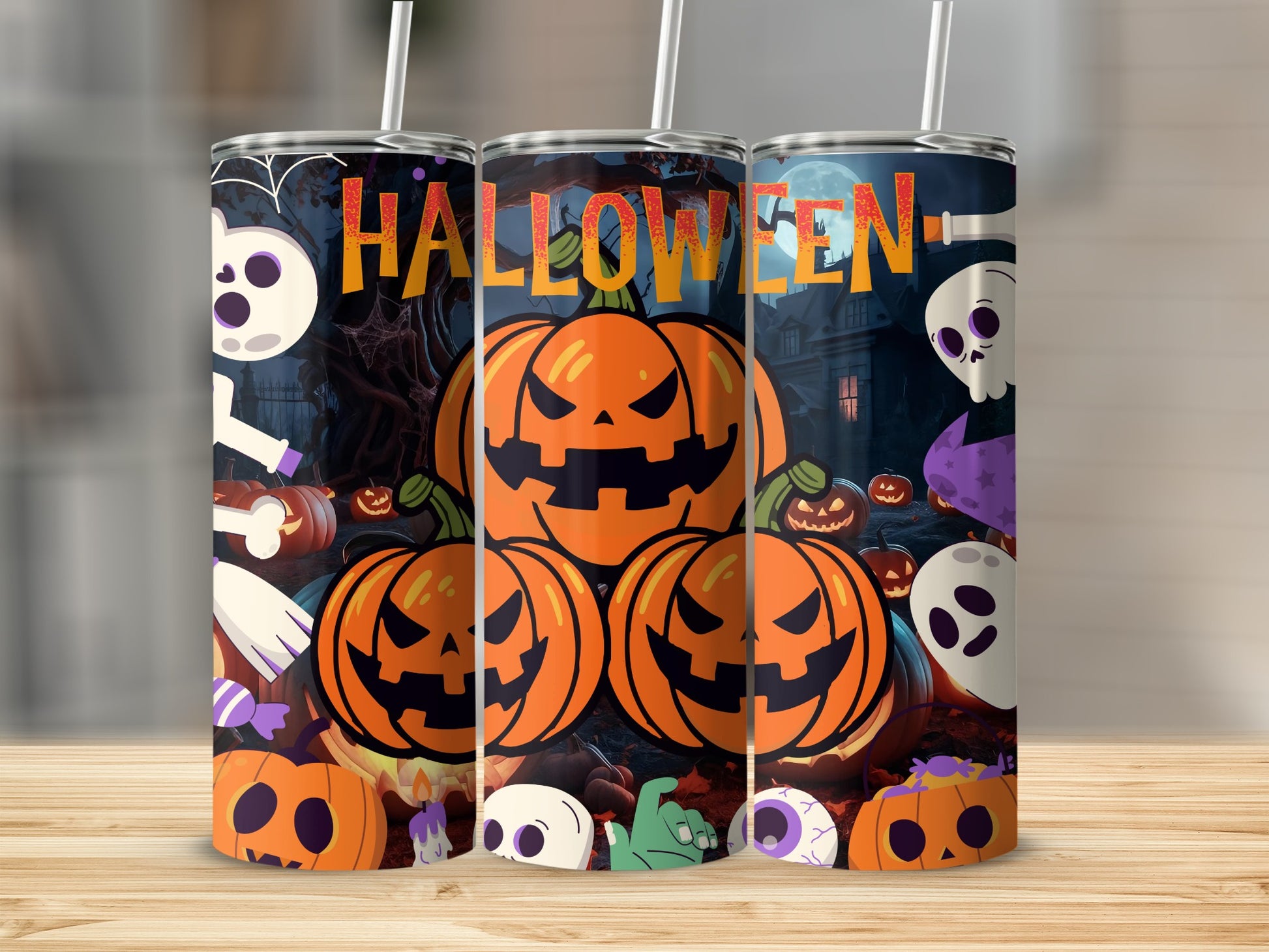 Three tumblers with a Halloween theme featuring jack-o'-lanterns, ghosts, and the word "HALLOWEEN".