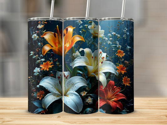 Three tumblers with a vibrant floral design of lilies and other flowers.
