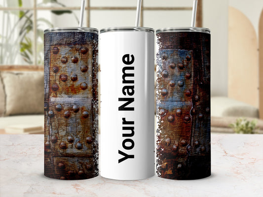 Rustic Riveted Metal Design Custom Name Tumbler
