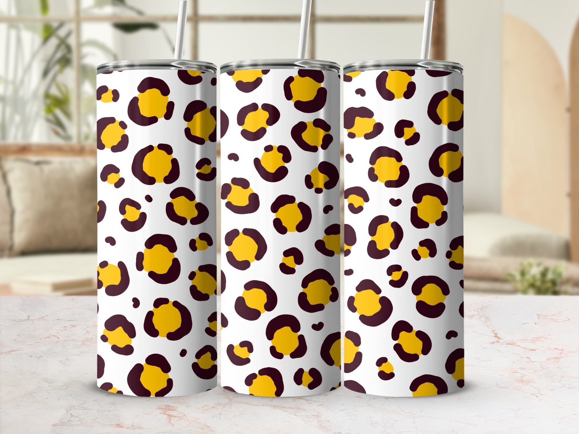 Yellow and Brown Leopard Print Stainless Tumbler Cup