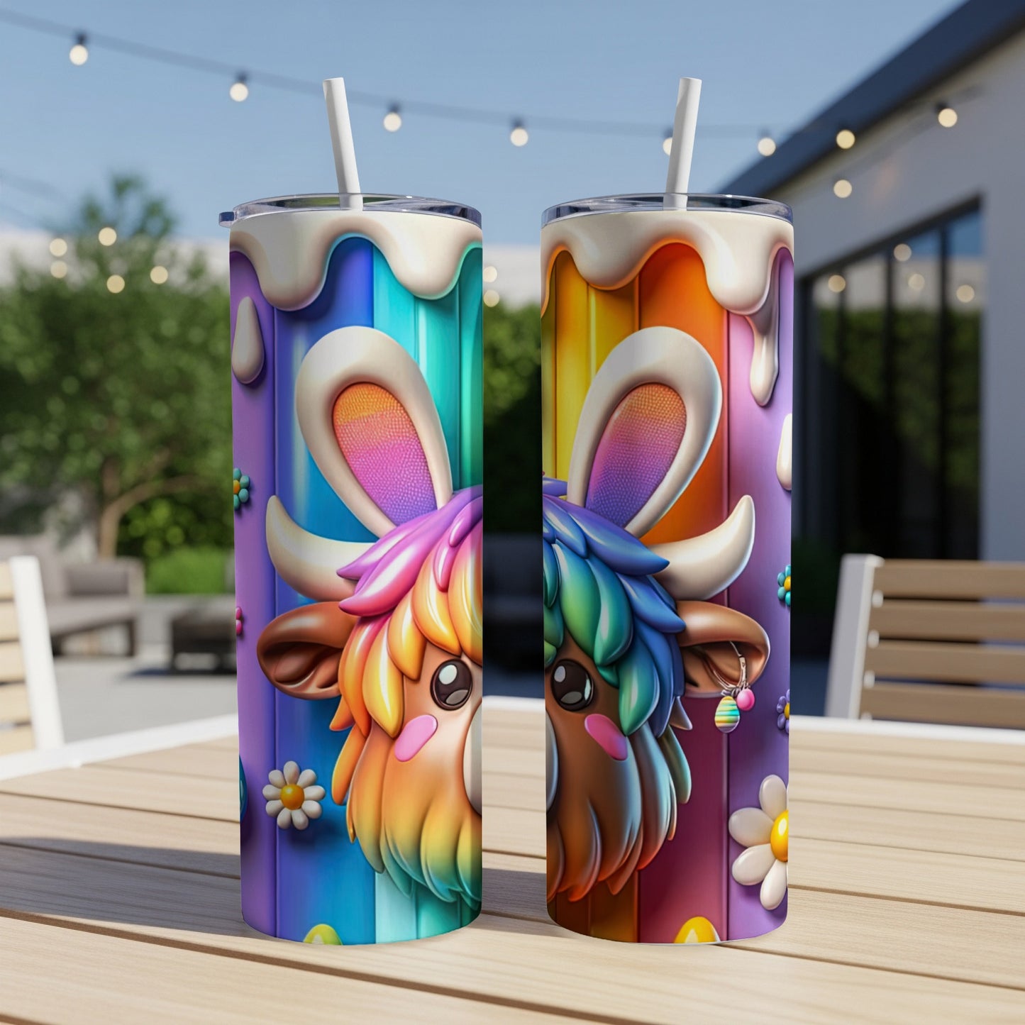 Two colorful tumblers with Highland cow faces wearing bunny ears.