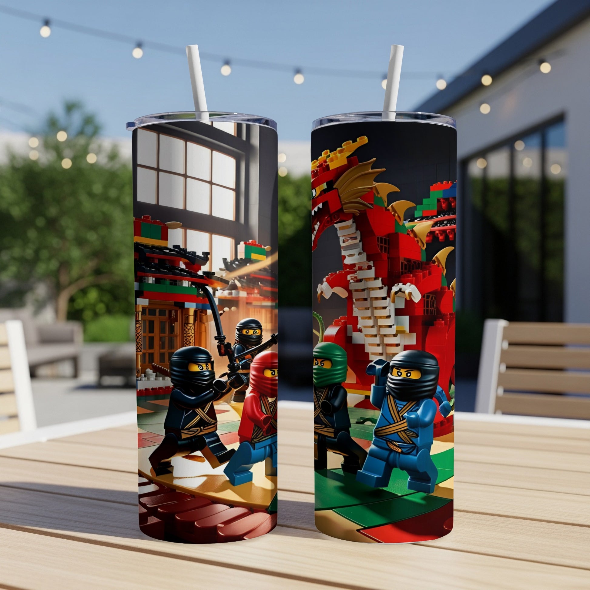 Two Lego Ninjago tumblers featuring ninjas fighting a red dragon.