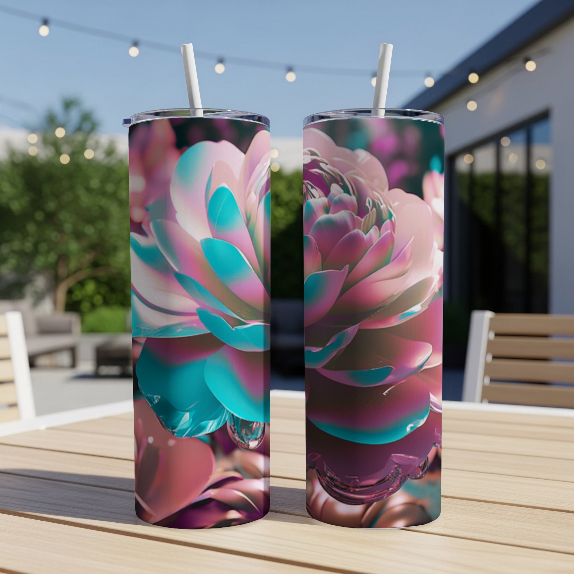 Two tall tumblers with iridescent floral designs and straws on a table.