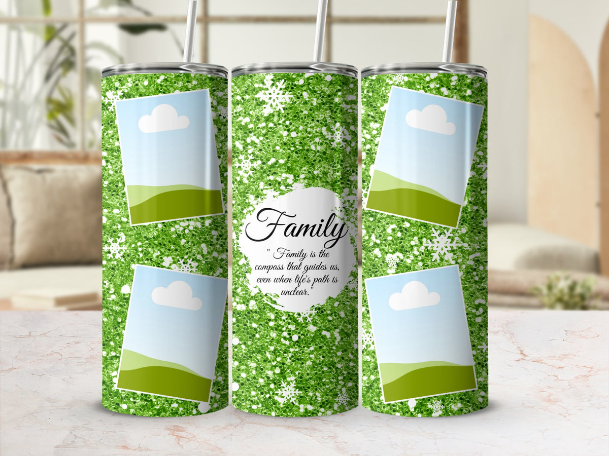 Green glitter tumbler with photo placeholders and "Family is the compass" quote.