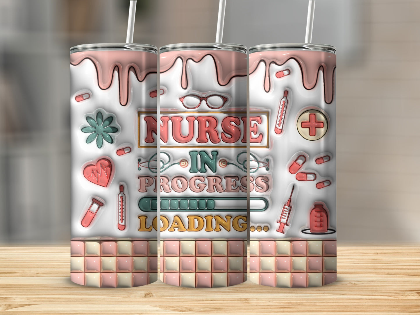Nurse in Progress loading tumbler with medical icons and checkered base.