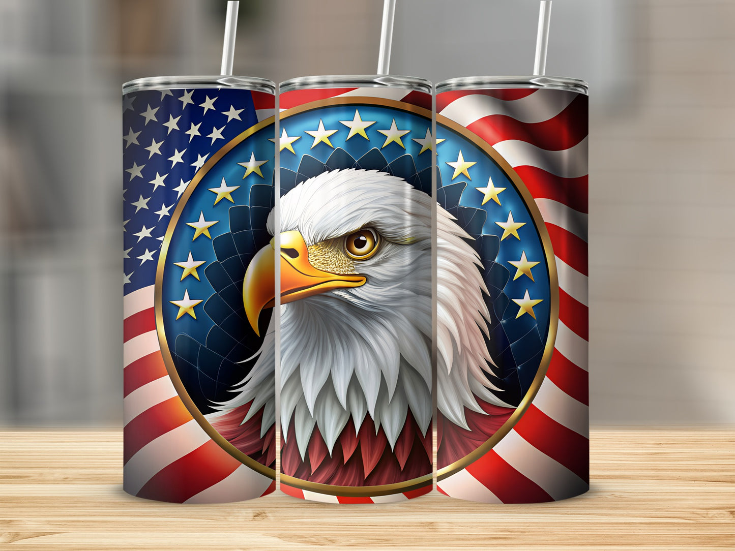 Eagle head with American flag pattern on a tumbler.