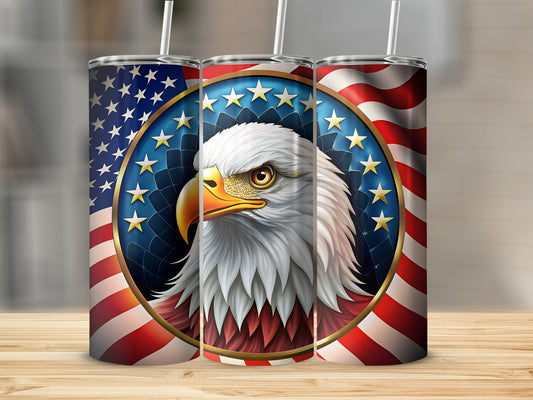 Eagle head with American flag pattern on a tumbler.