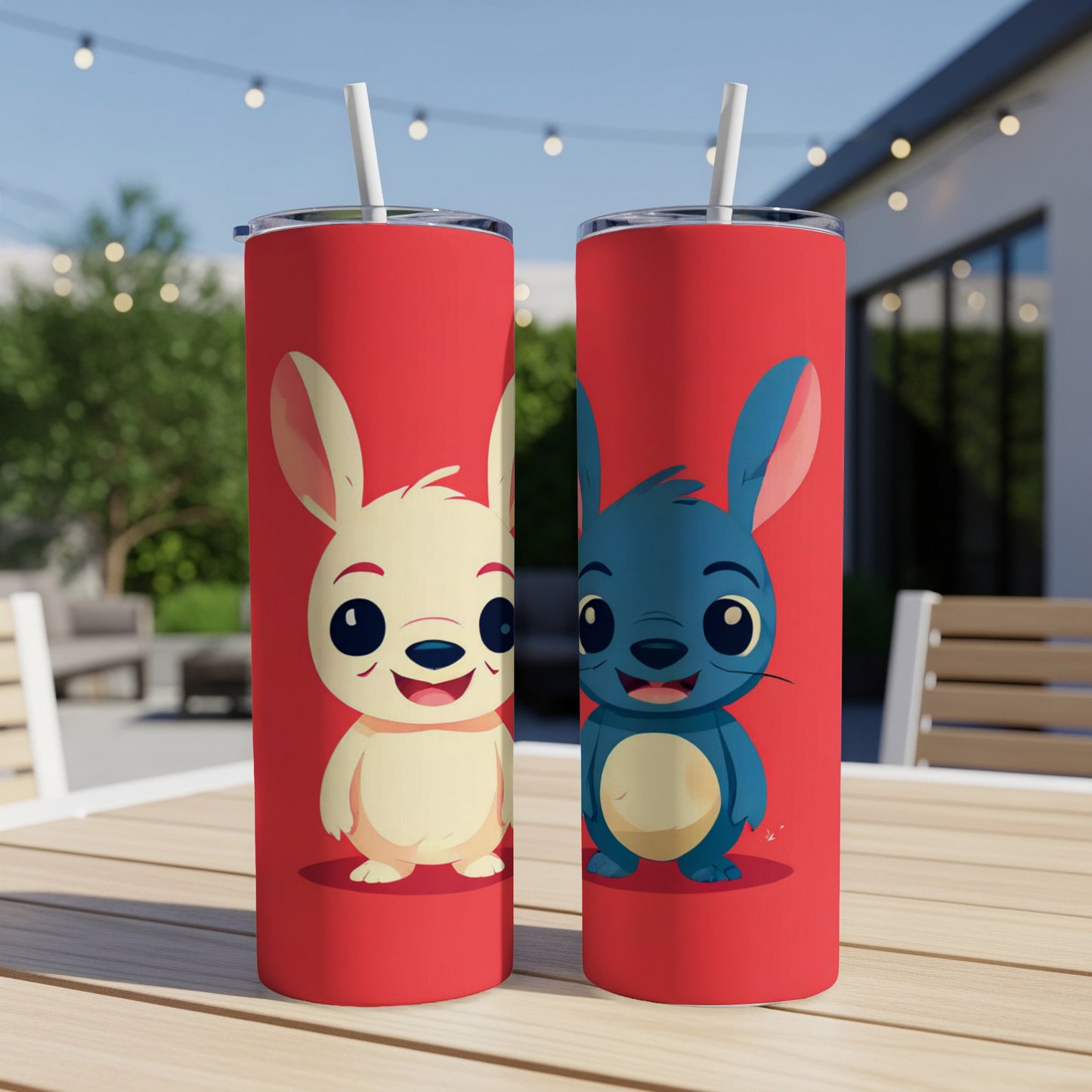 Two cartoon bunnies, one cream and one blue, on red tumblers.