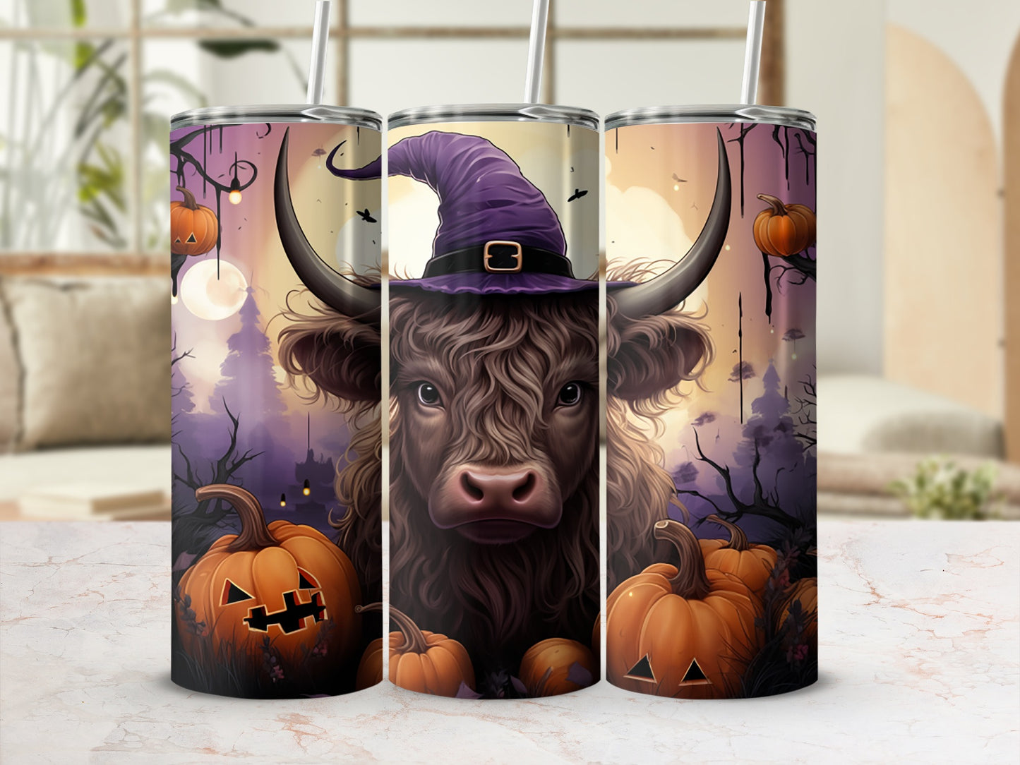 Highland cow wearing witch hat with pumpkins and moon on Halloween themed tumblers.