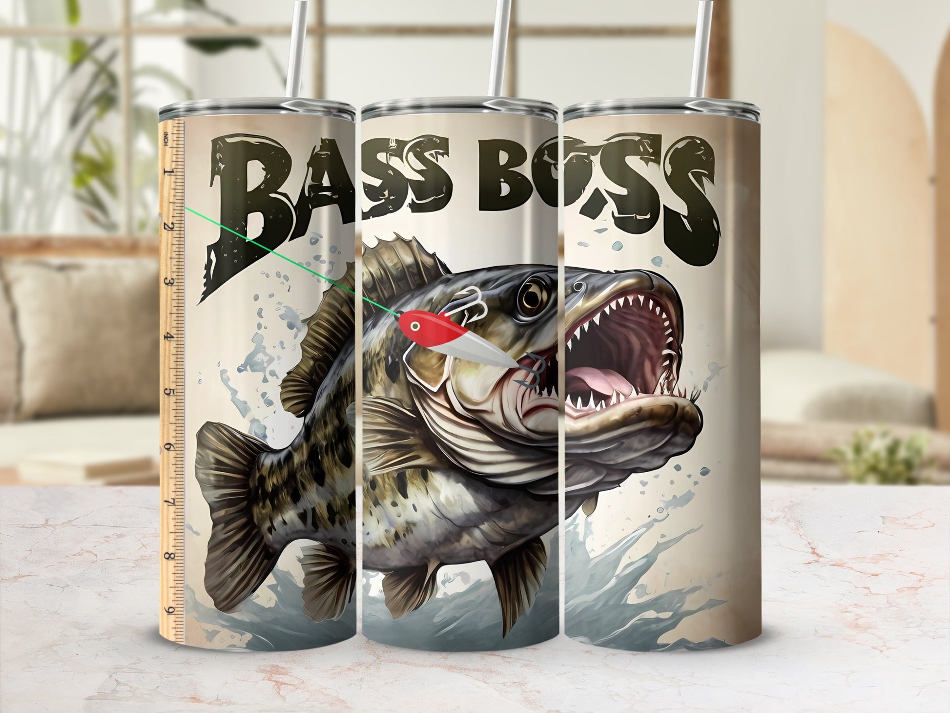Three tumblers with a bass fishing graphic, featuring a fish and the words "Bass Boss".