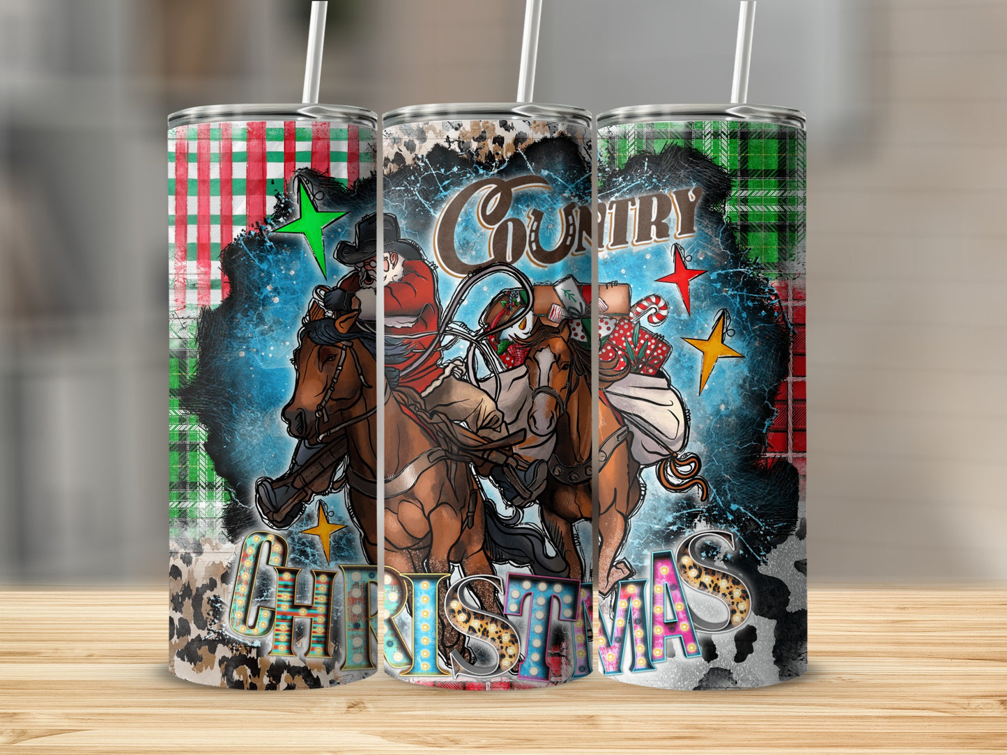 Santa riding a horse with "COUNTRY CHRISTMAS" text, set against plaid and leopard print backgrounds.