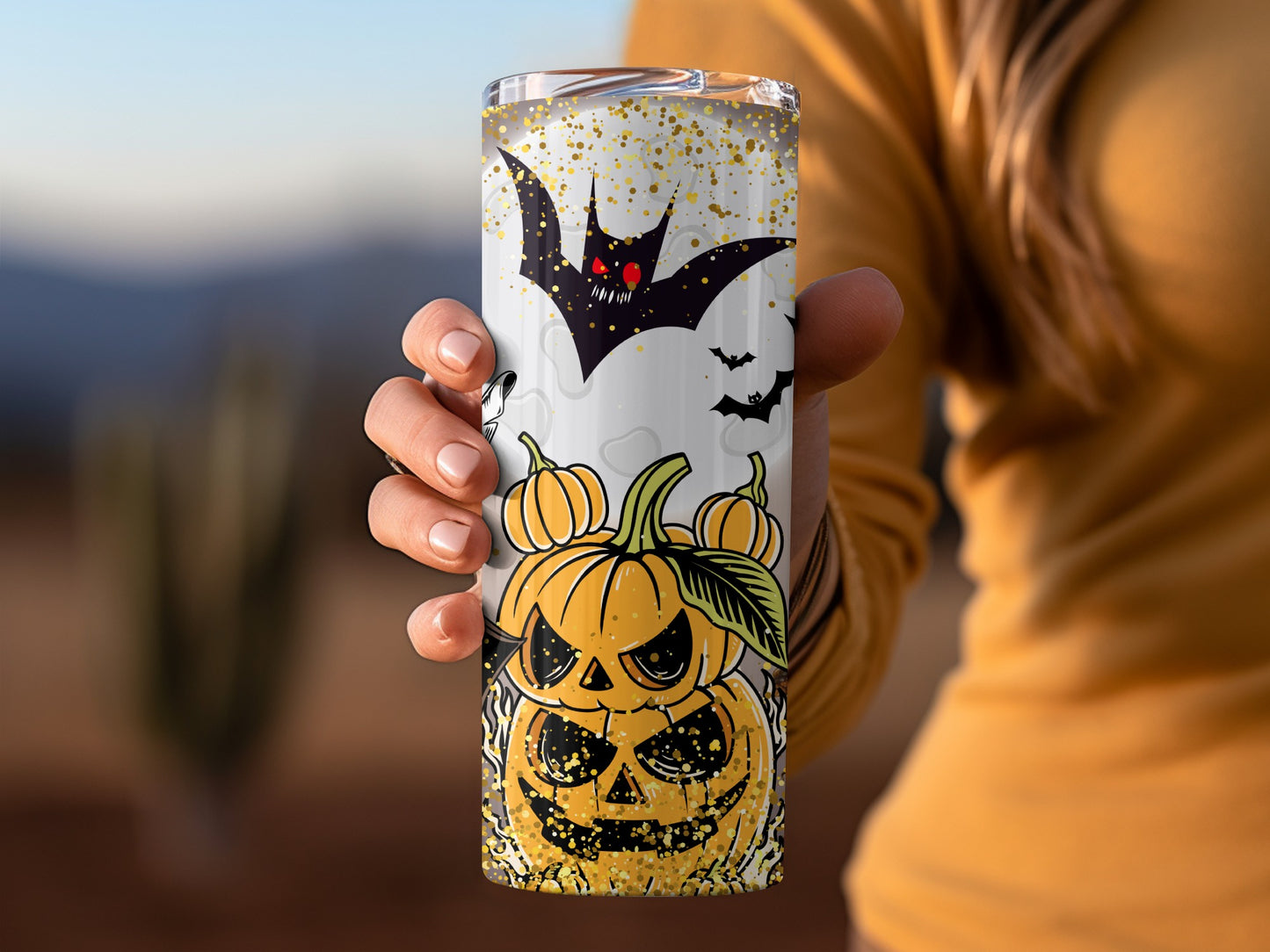 Halloween Pumpkin and Bats Design Tumbler Cup