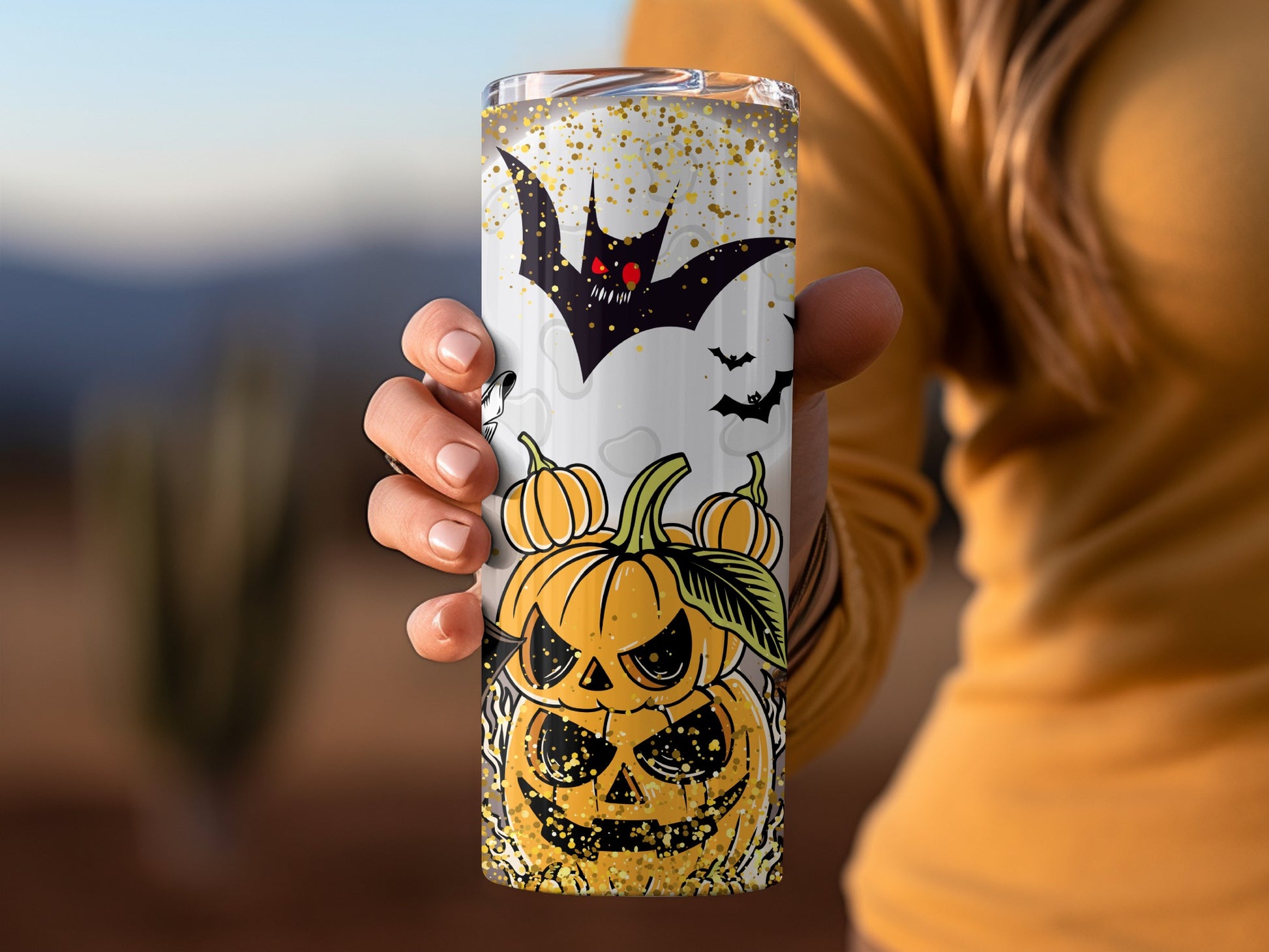 Halloween Pumpkin and Bats Design Tumbler Cup