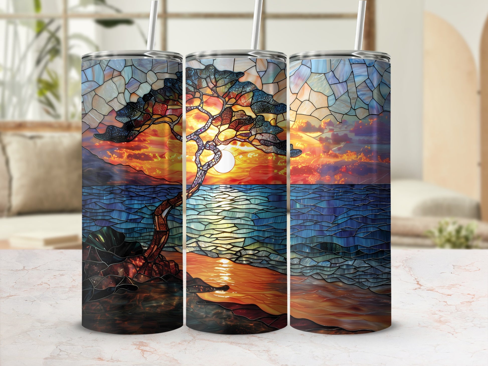 Three tumblers with stained-glass sunset tree design.