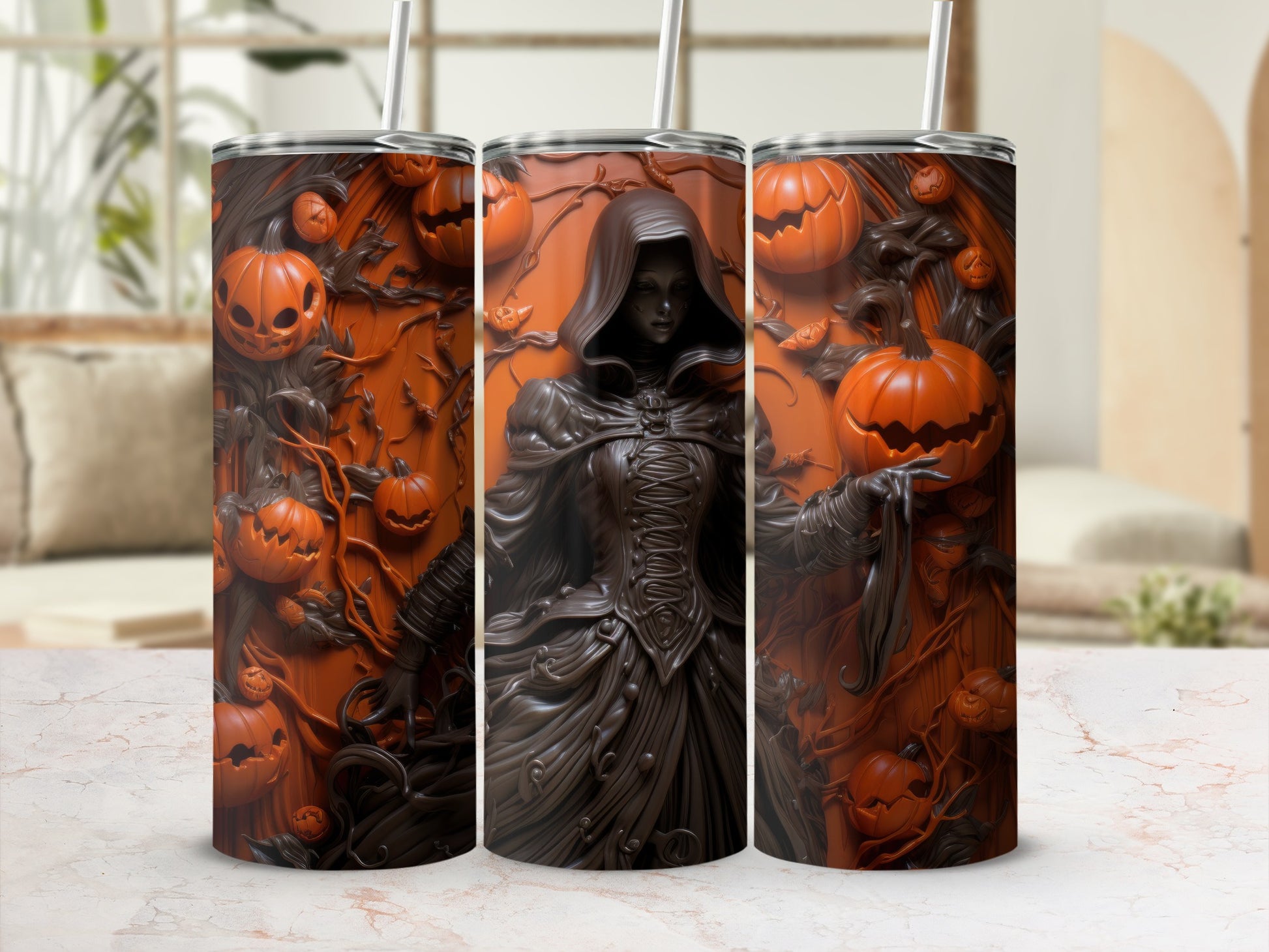 Halloween tumbler with spooky figure and carved pumpkins.