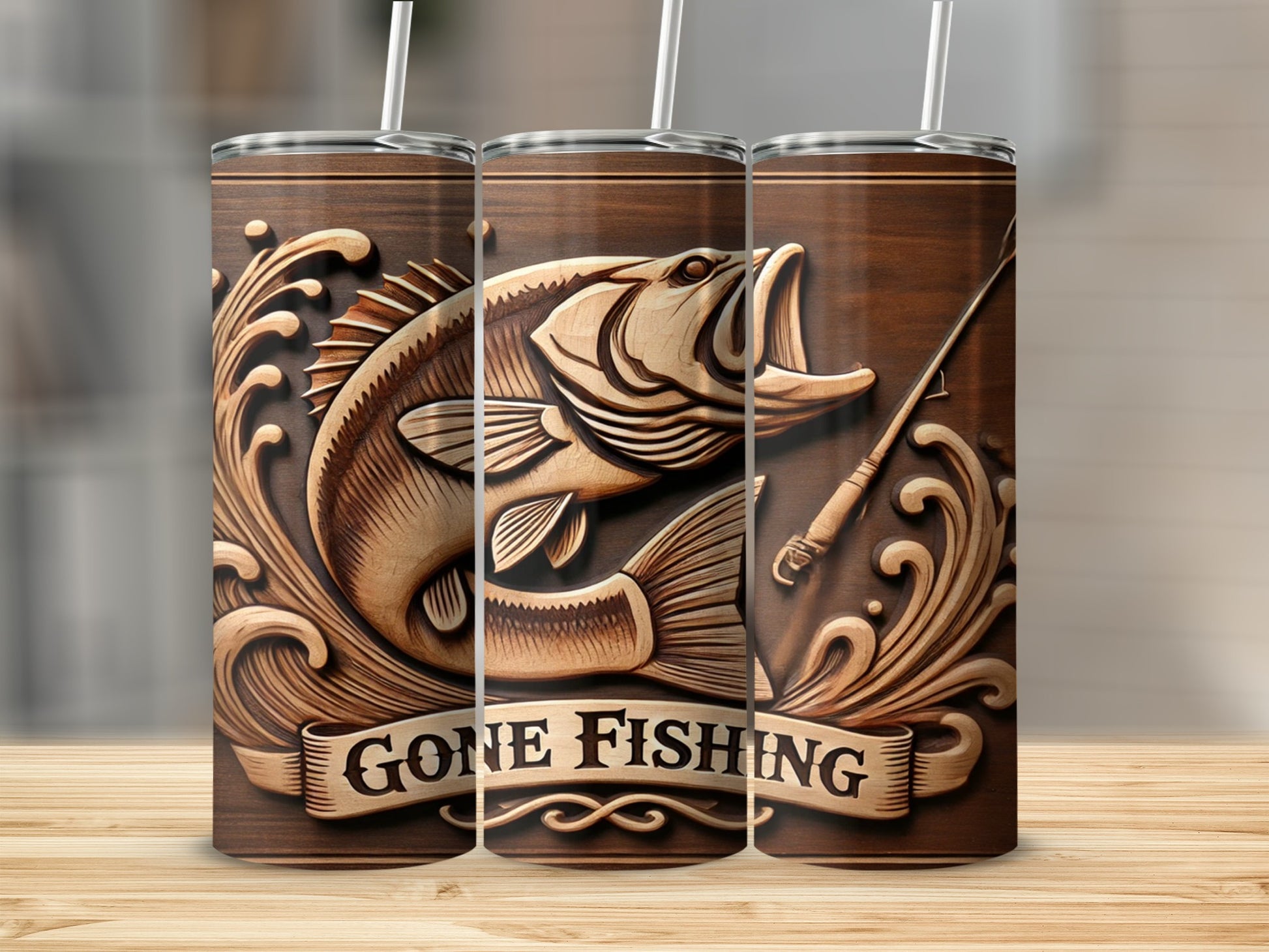 Gone Fishing Vintage Carved Design Tumbler Product