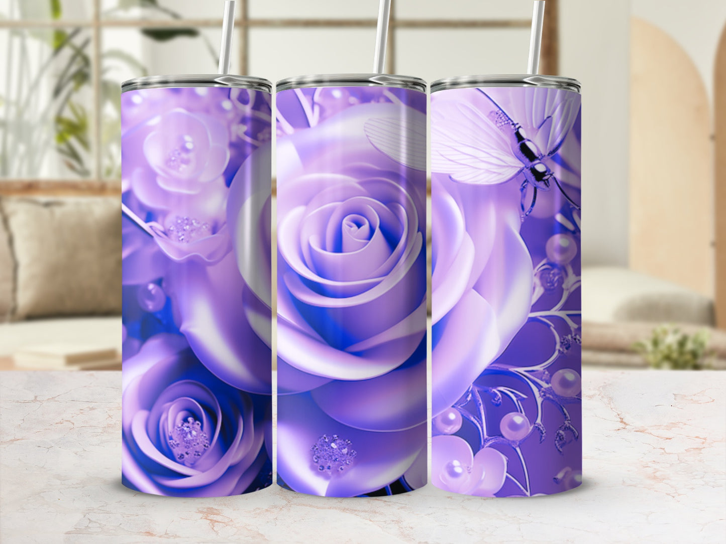 Three purple rose tumblers with butterflies and pearls on a marbled surface.