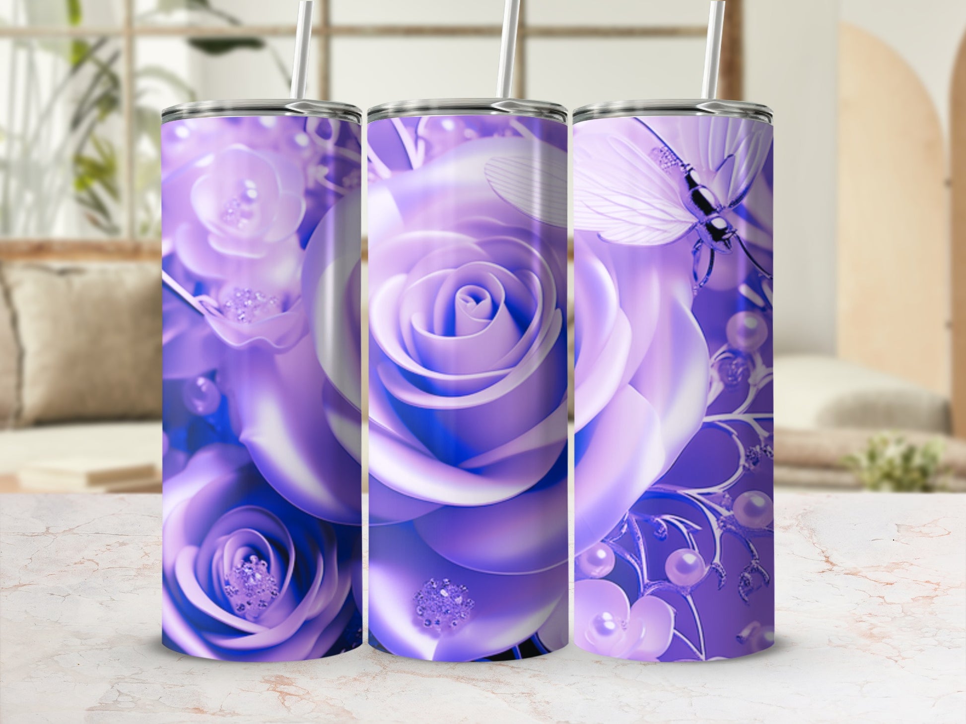 Three purple rose tumblers with butterflies and pearls on a marbled surface.