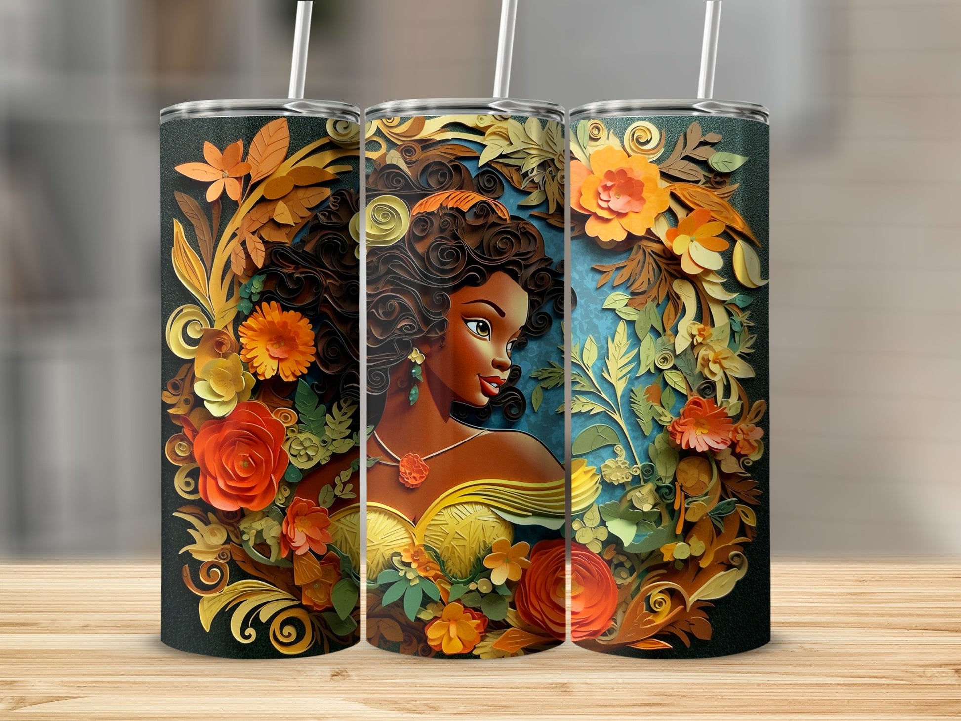 Colorful Floral Art Tumbler with Elegant Portrait Design