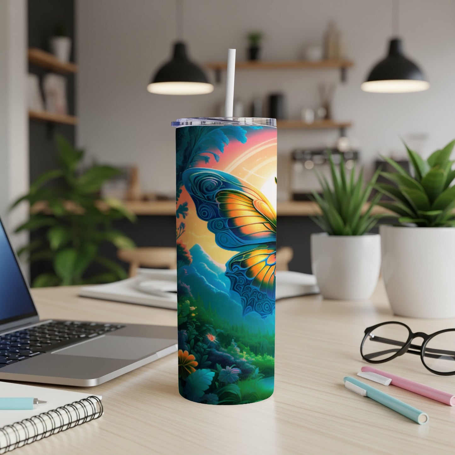 Tumbler featuring a vibrant butterfly in a colorful forest scene.