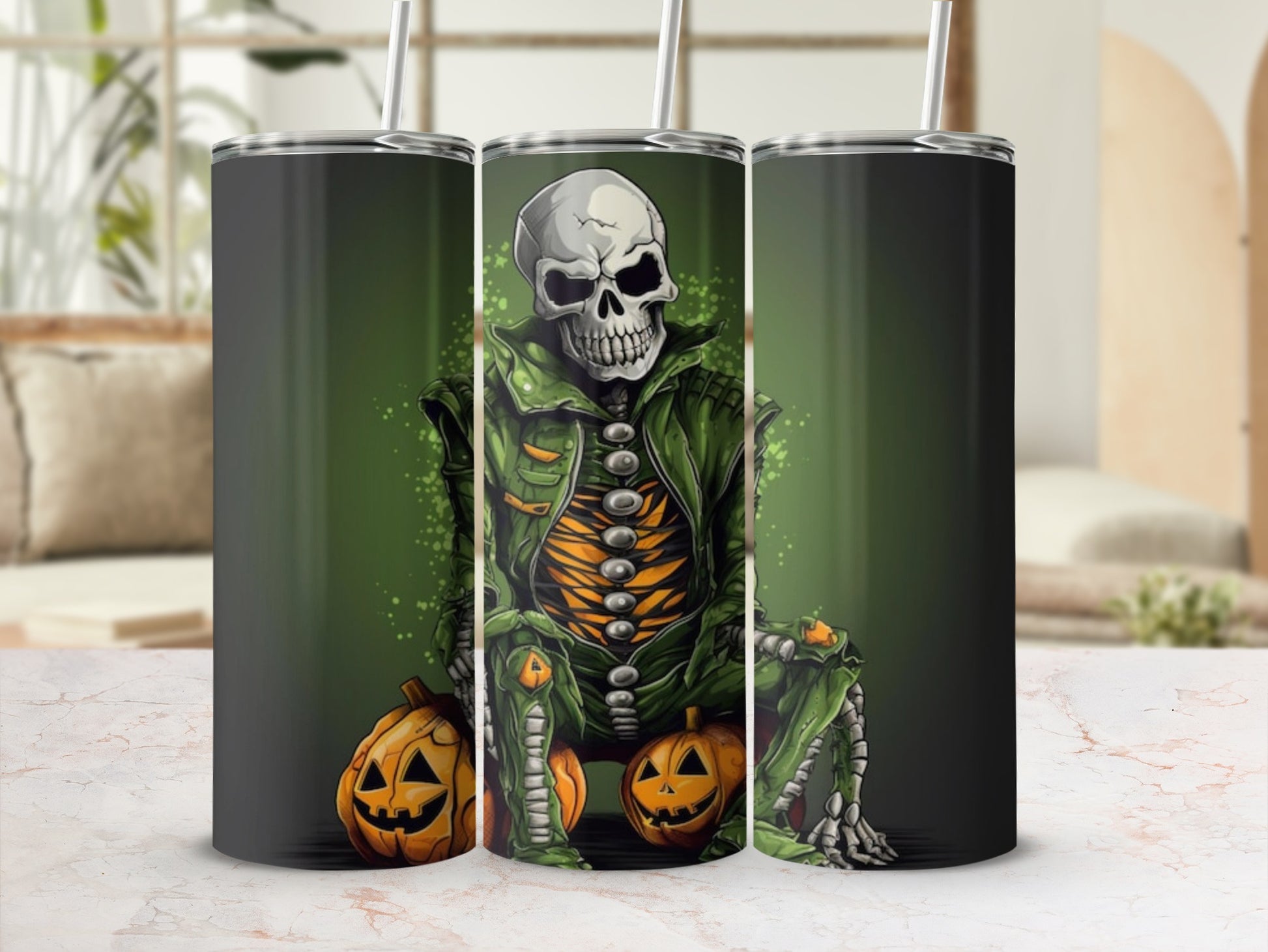 Skeleton in green jacket sitting on pumpkins, Halloween themed tumbler design.