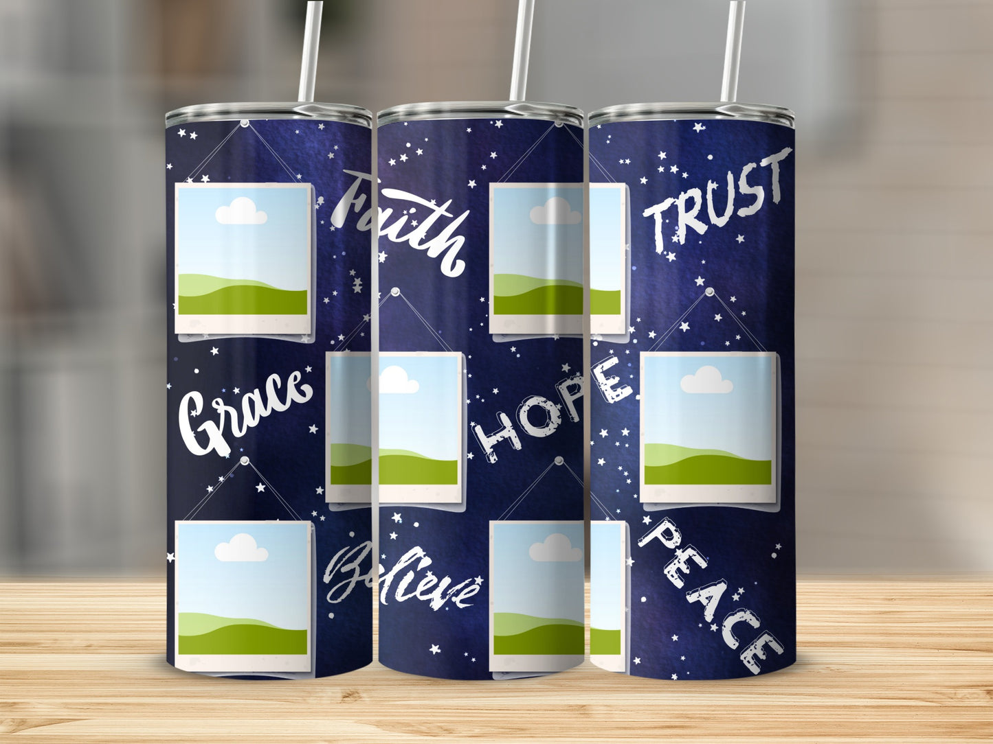 Tumblers with faith, grace, hope, believe, trust, and peace designs.