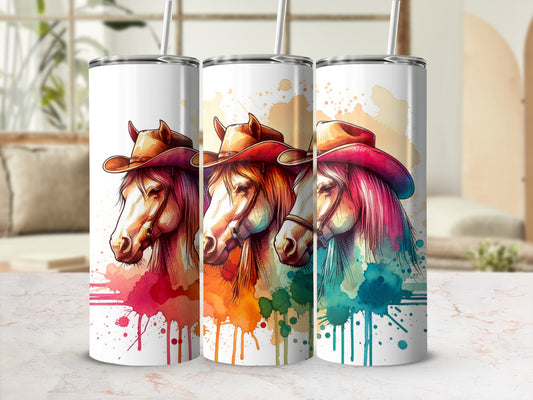 Three watercolor horse heads with cowboy hats and colorful paint splatters.