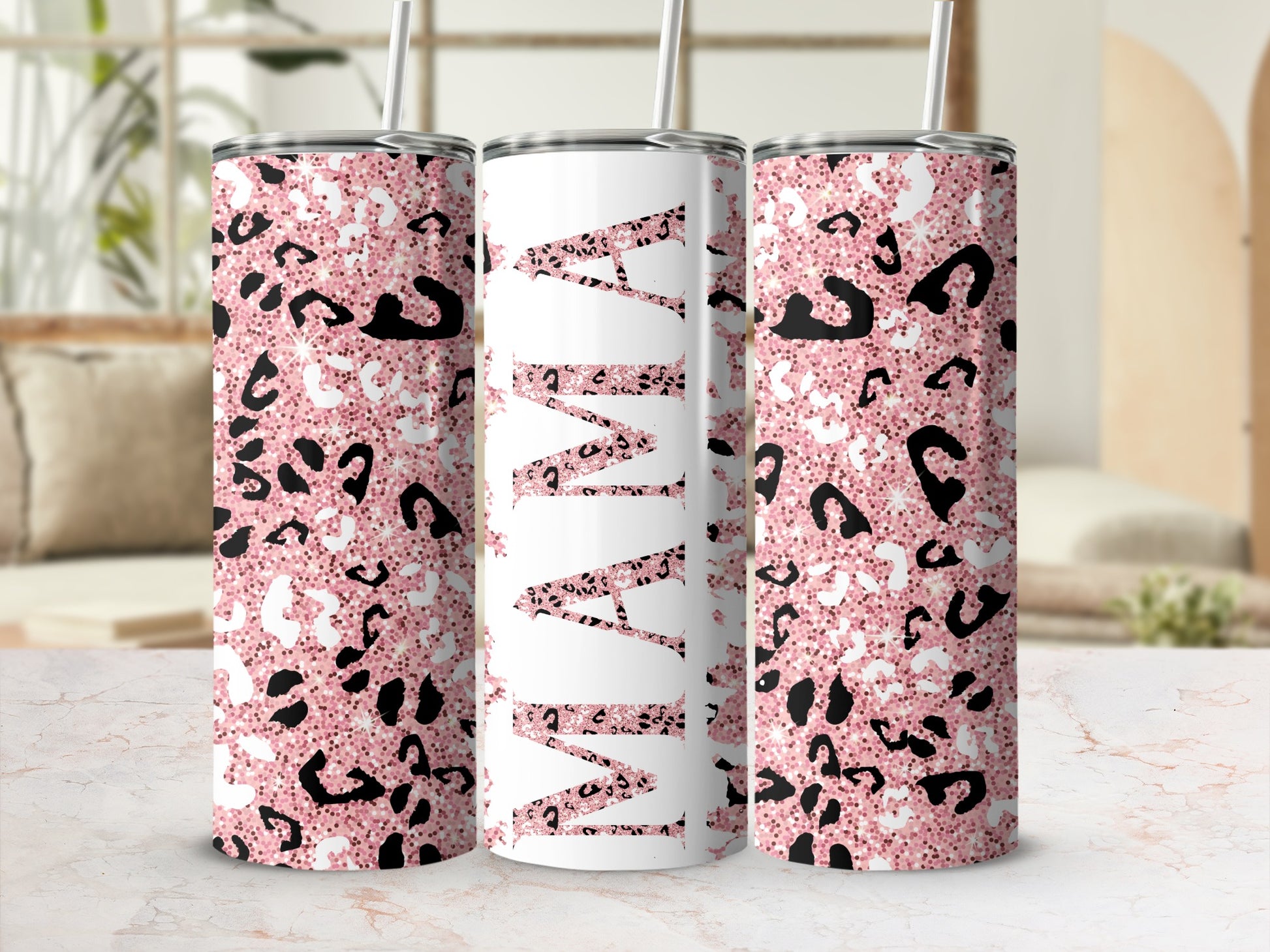 Pink Leopard Print and MAMA Design Tumbler Flask