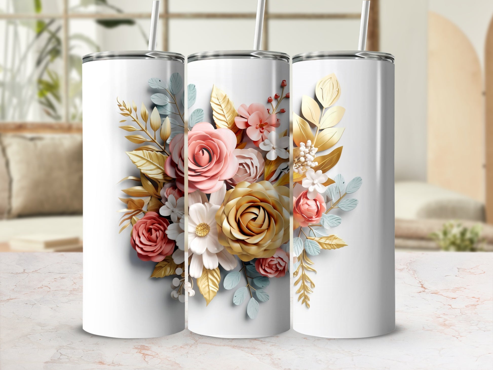 Elegant Floral Design White Tumbler 20oz Drinkware