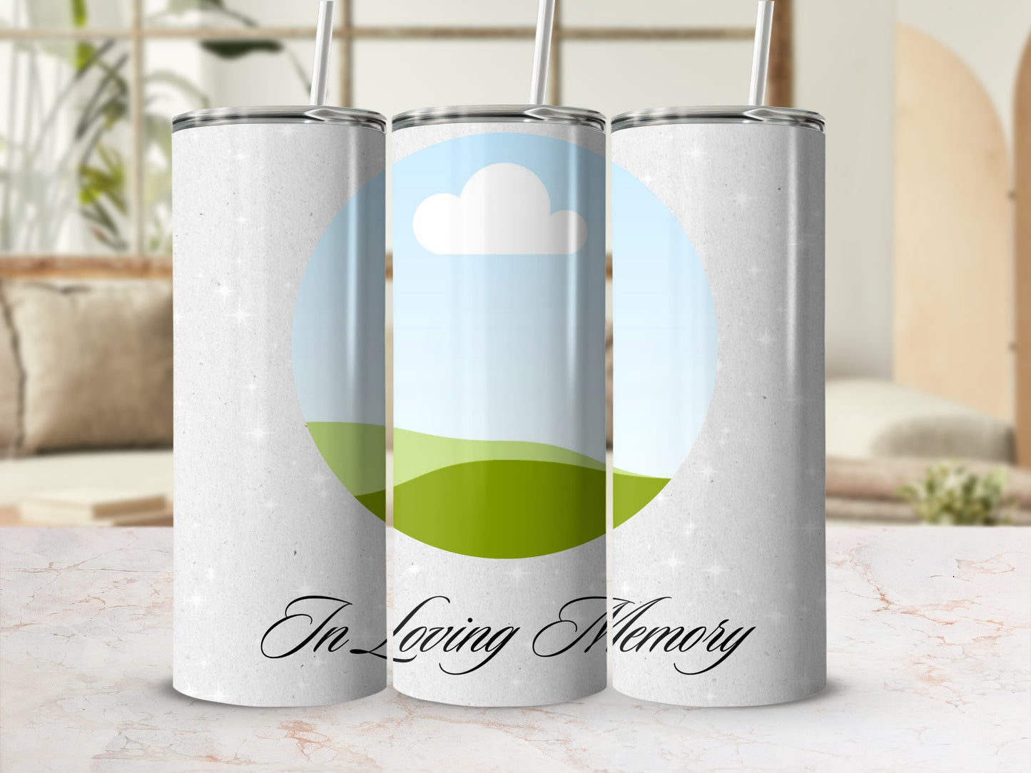 Three tumblers with a textured white background, one featuring a sky and green hills.