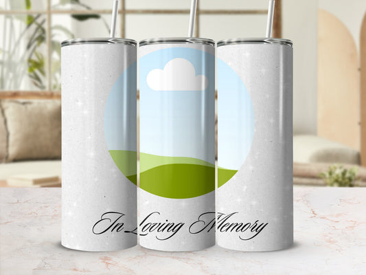Three tumblers with a textured white background, one featuring a sky and green hills.