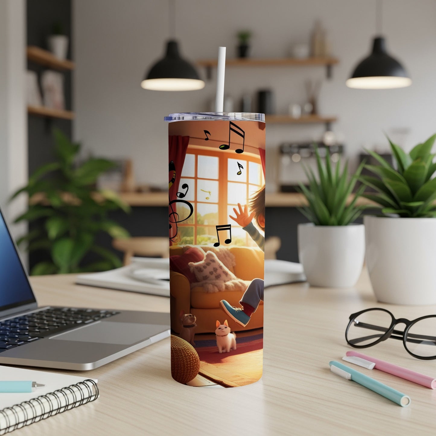 Tumbler with musical notes, a child dancing, and a cat.