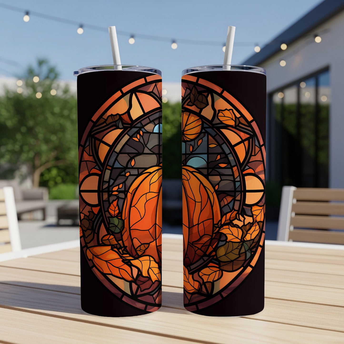 Two tall tumblers with stained-glass pumpkin and leaf design.