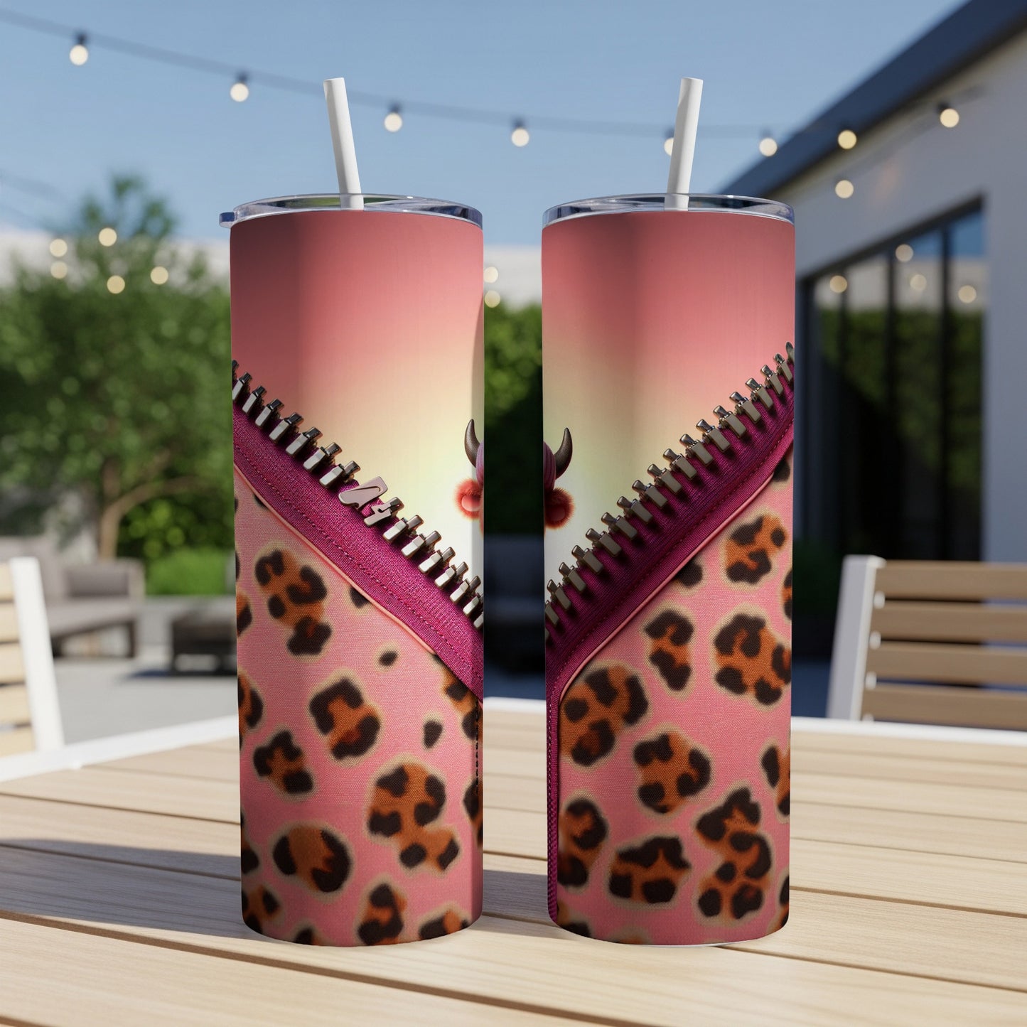 Pink and leopard print tumbler with zipper detail and cow face.