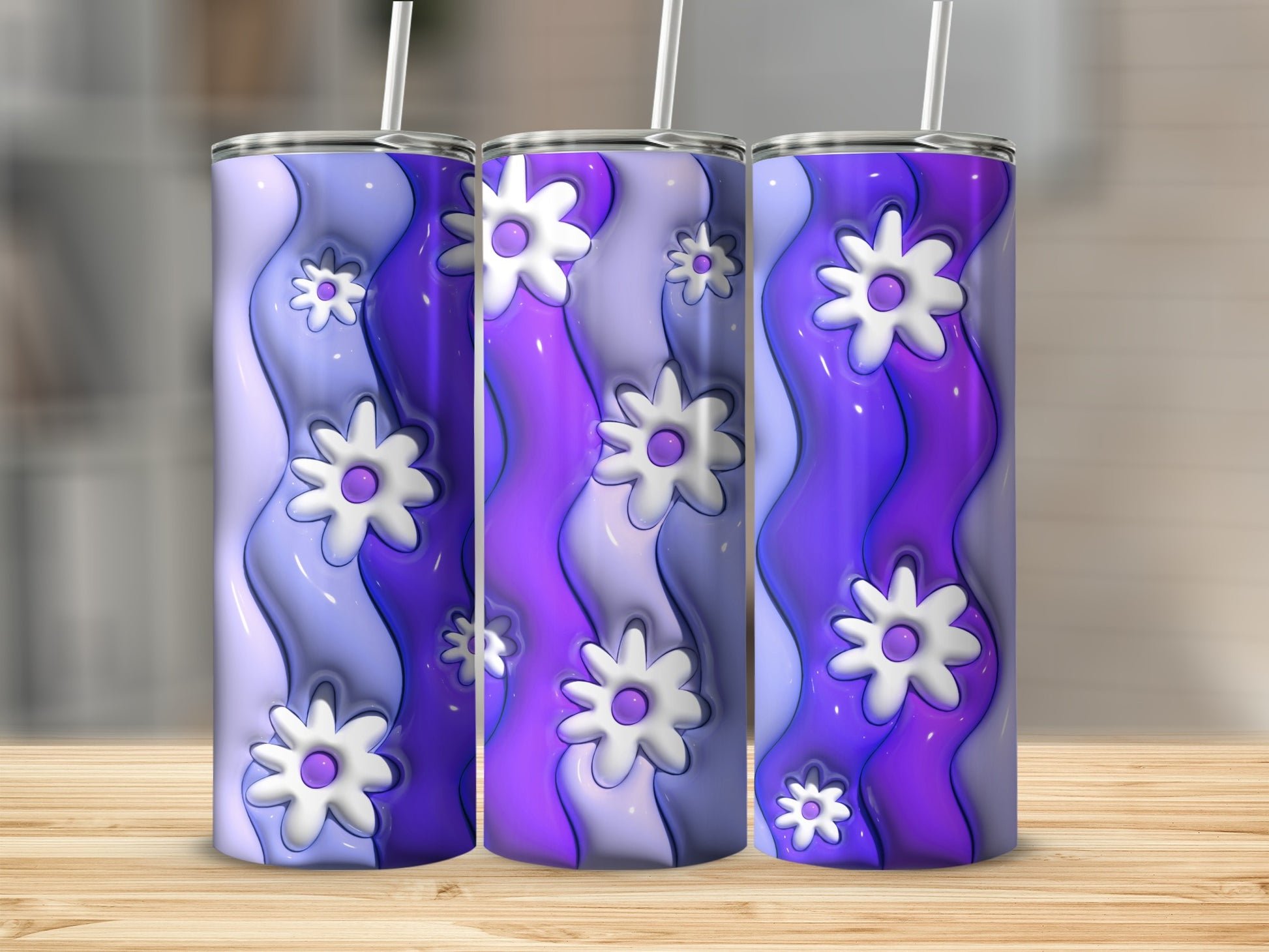 Purple and Blue Floral Wave Design Tumbler Cup