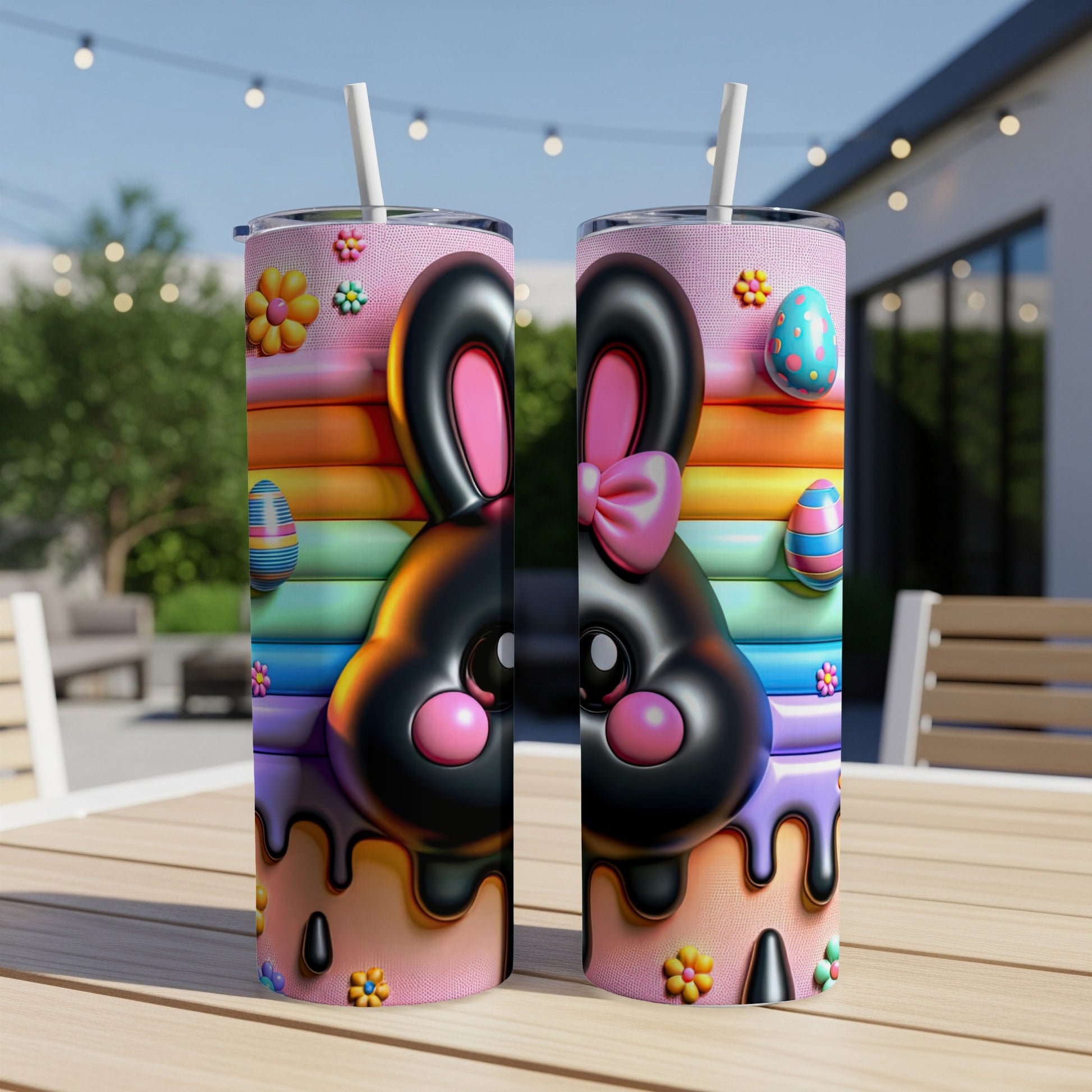 Black bunny tumbler with rainbow stripe and Easter egg details.